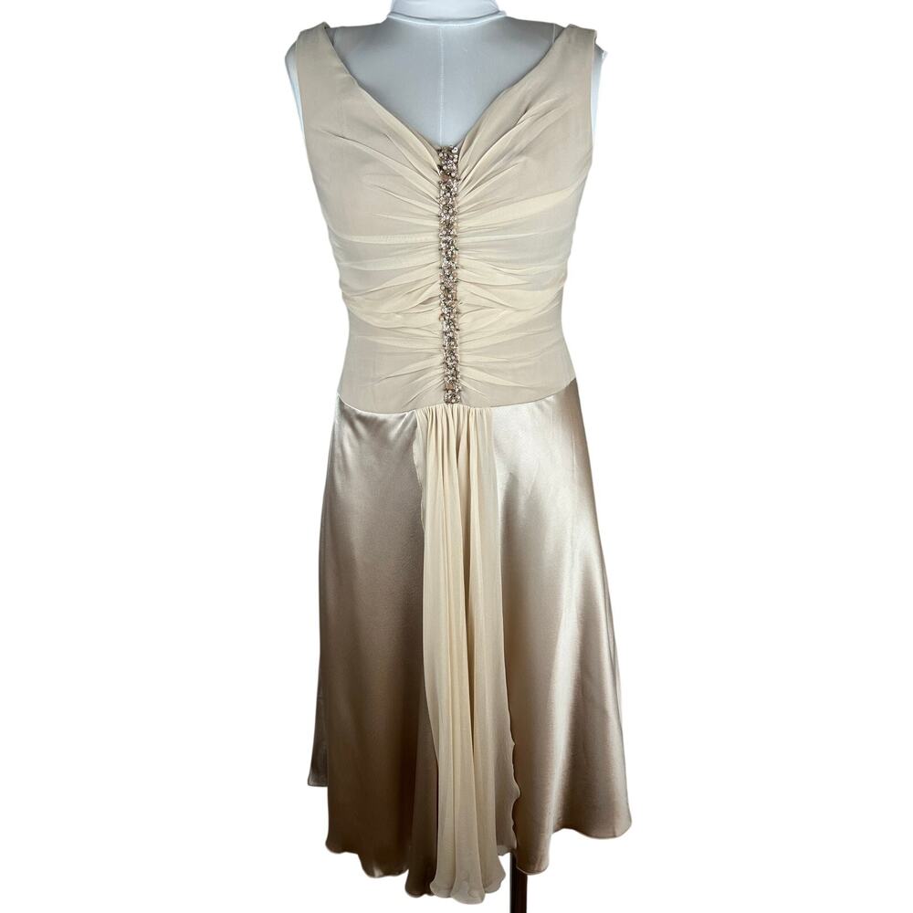 A.B.S. Allen Schwartz Silk Chiffon Beaded Champagne Cocktail Dress Size 10